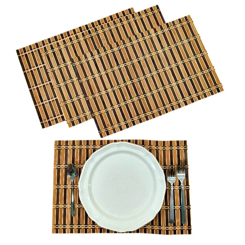 4 Wooden Bamboo Placemats Slats Yarn Brown Beige 18.5 x 12 Inch BOHO Neutral